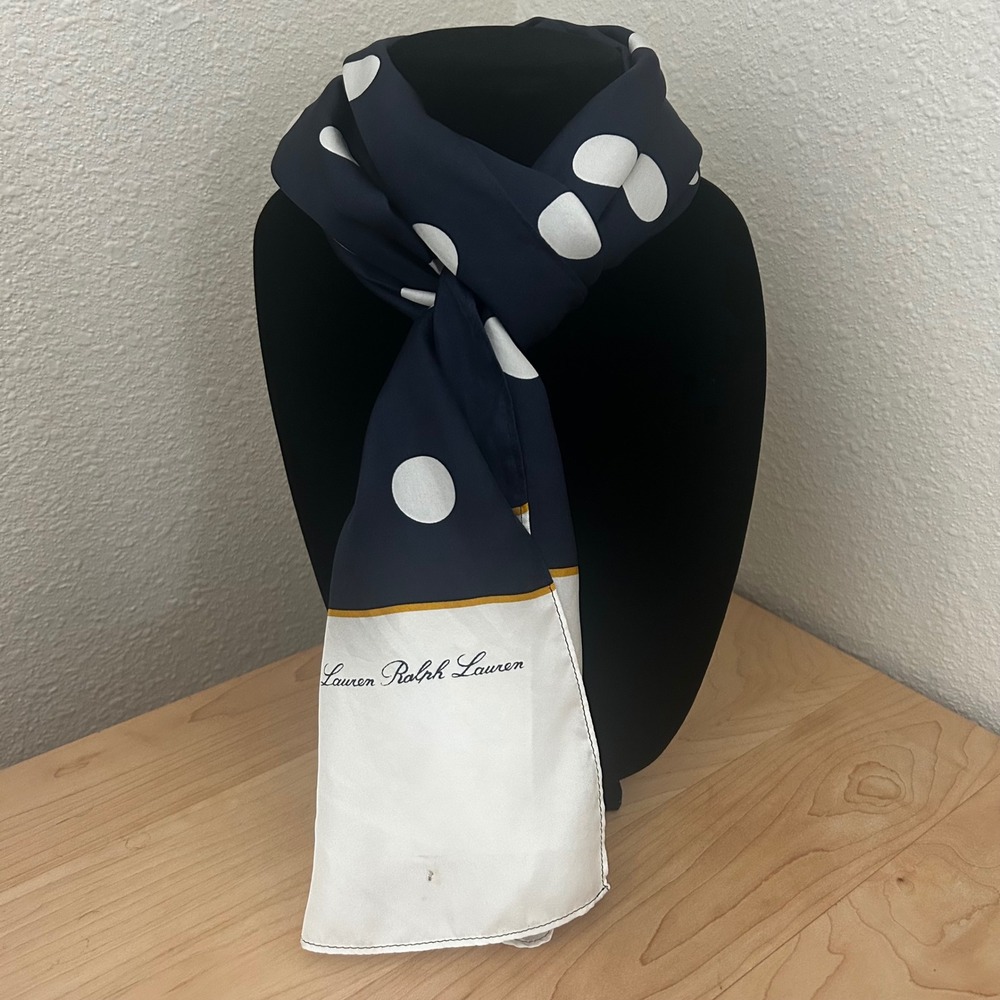 Lauren Ralph Lauren Navy Blue White Polka Dot 100% Silk Scarf Old Money 3 flaws